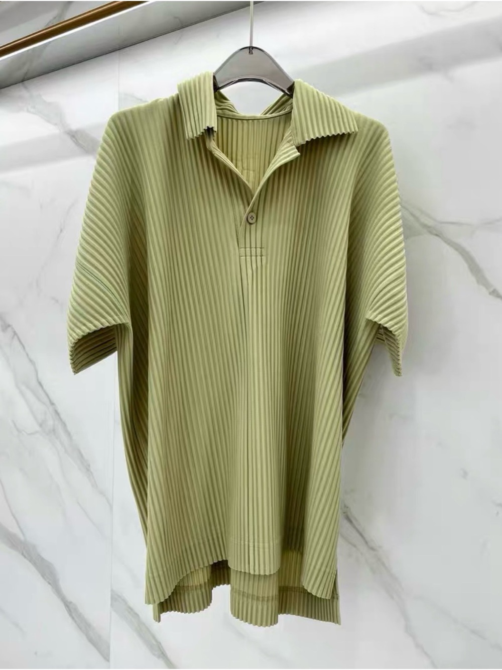 Issey Miyake Pleated Short-Sleeve Polo in Light Olive Green